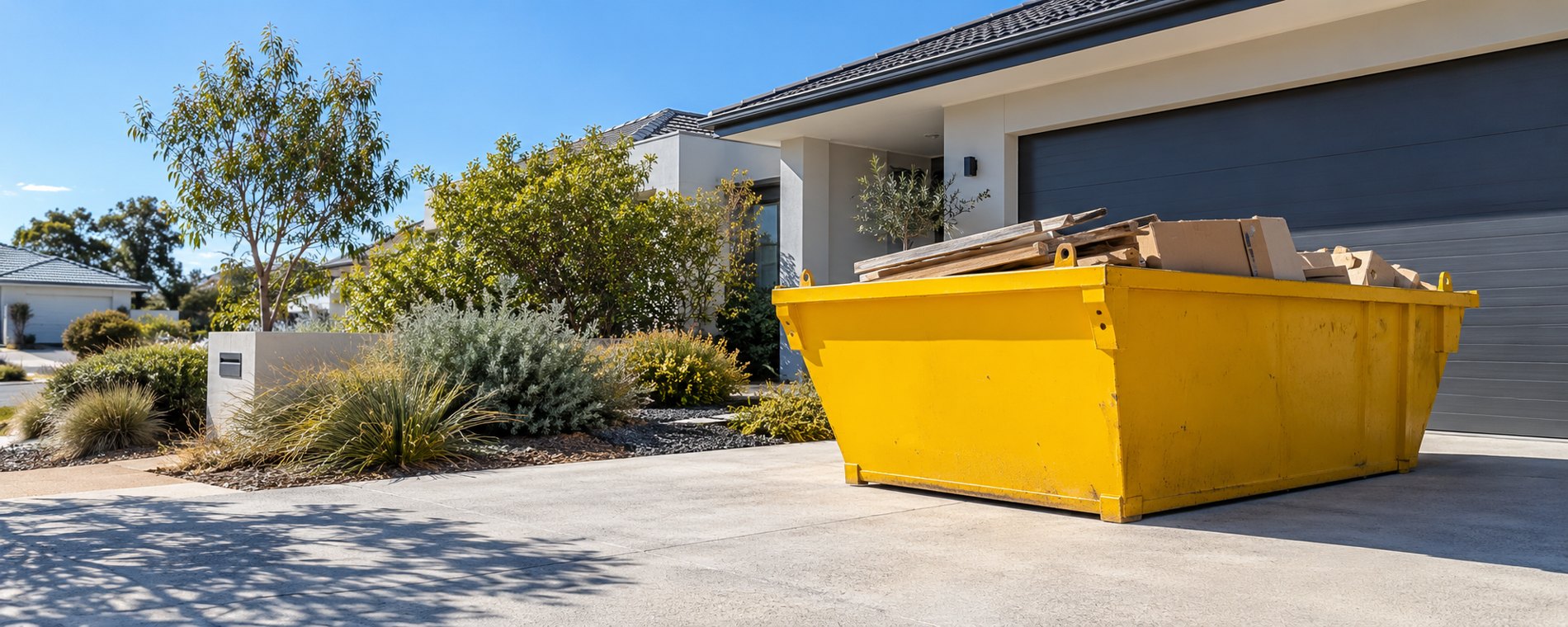 Representative skip bin on a Perth suburban driveway